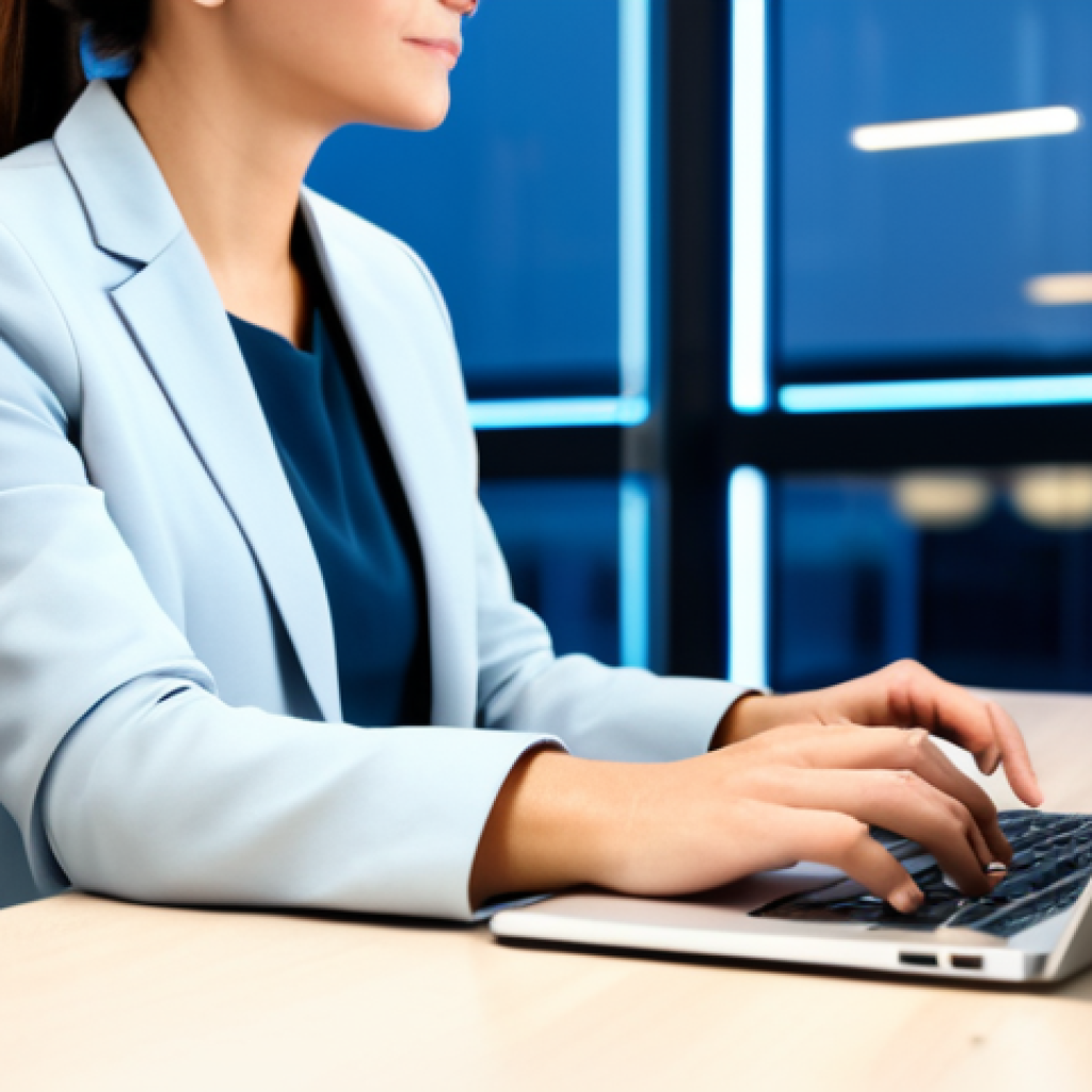 A professional businesswoman, fully clothed in a modest business suit, sitting comfortably at a sleek, minimalist desk in a modern office. Subtle, glowing abstract light patterns rise from the desk, symbolizing creative AI and innovation. The background is slightly blurred, hinting at an expansive, collaborative workspace. Perfect anatomy, correct proportions, natural pose, well-formed hands, proper finger count, natural body proportions, professional photography, high quality, crisp focus, appropriate attire, safe for work, appropriate content, professional, family-friendly.