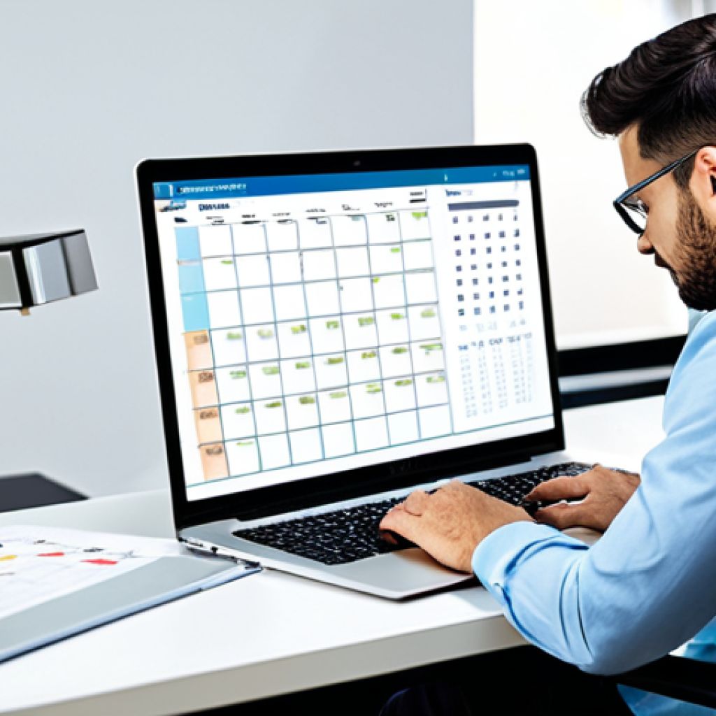 AI와의 효과적인 협력 전략 - **Prompt:** A busy professional using AI-powered scheduling software on a laptop in a brightly lit m...