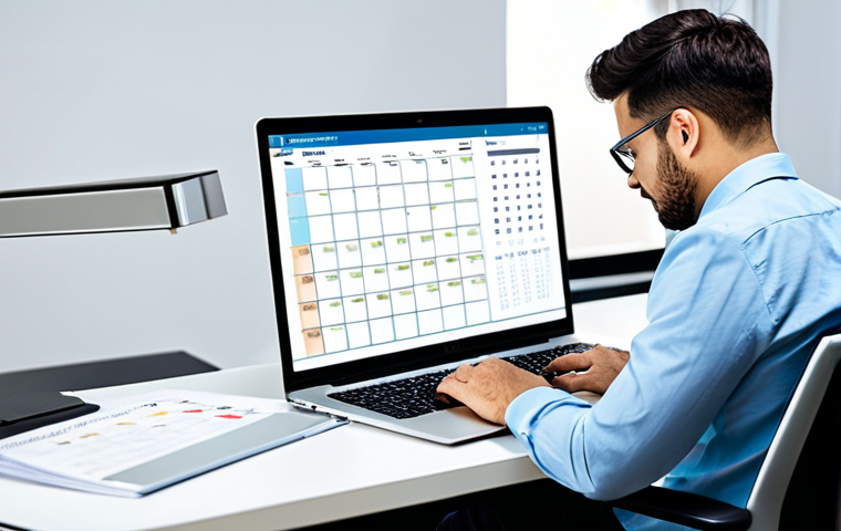 AI와의 효과적인 협력 전략 - **Prompt:** A busy professional using AI-powered scheduling software on a laptop in a brightly lit m...