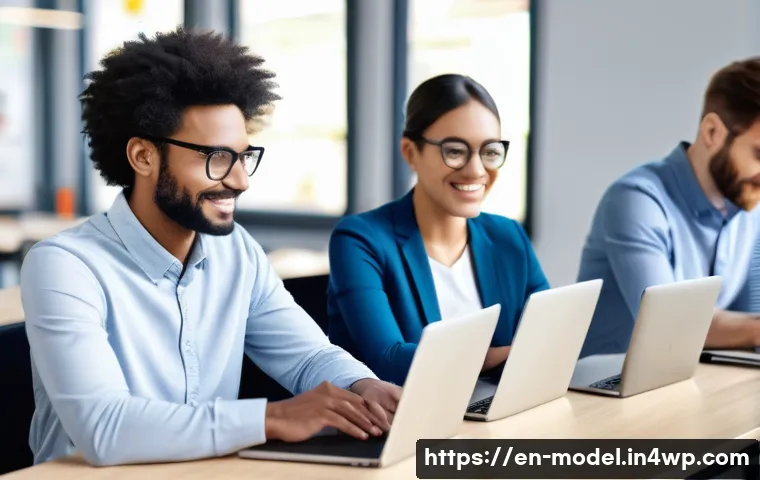 인간 AI 협력 학습의 미래 혁신 전략 - A modern, bright classroom scene showing diverse adult learners using AI-driven learning platforms o...