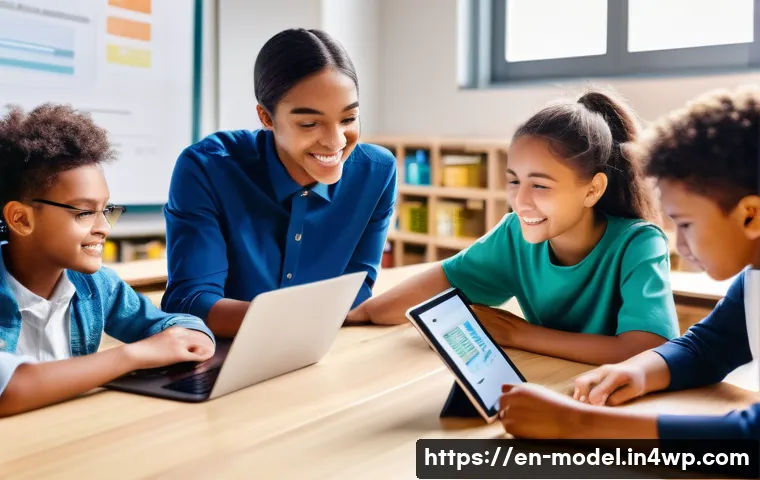 AI와 함께하는 학습 경험의 가치 - A modern classroom scene featuring diverse students engaging with AI-powered adaptive learning platf...