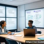 AI 도구를 활용한 협력 학습의 효과 - A diverse group of college students collaborating in a modern study room, using AI-powered digital a...