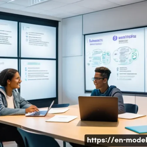 AI 도구를 활용한 협력 학습의 효과 - A diverse group of college students collaborating in a modern study room, using AI-powered digital a...