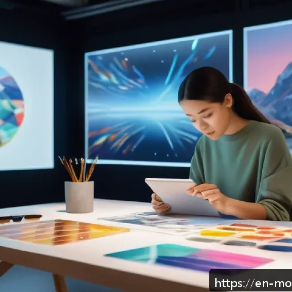 AI와 인간의 협력적 발전 방향 - A futuristic creative studio scene showcasing a diverse group of artists collaborating with AI-power...