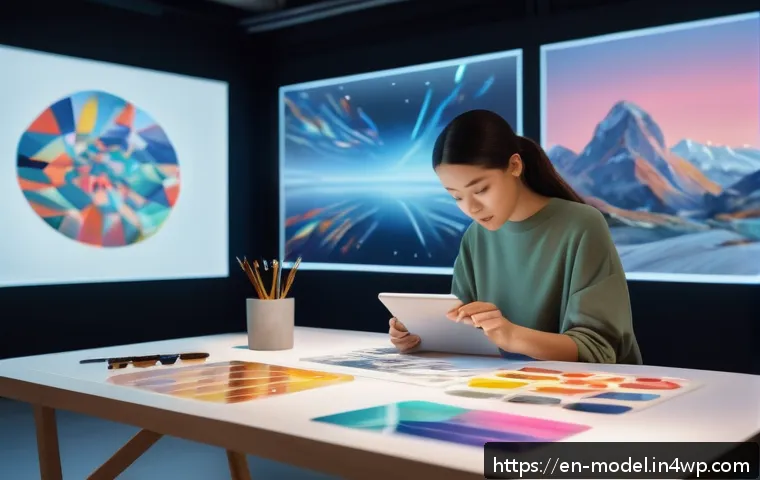 AI와 인간의 협력적 발전 방향 - A futuristic creative studio scene showcasing a diverse group of artists collaborating with AI-power...