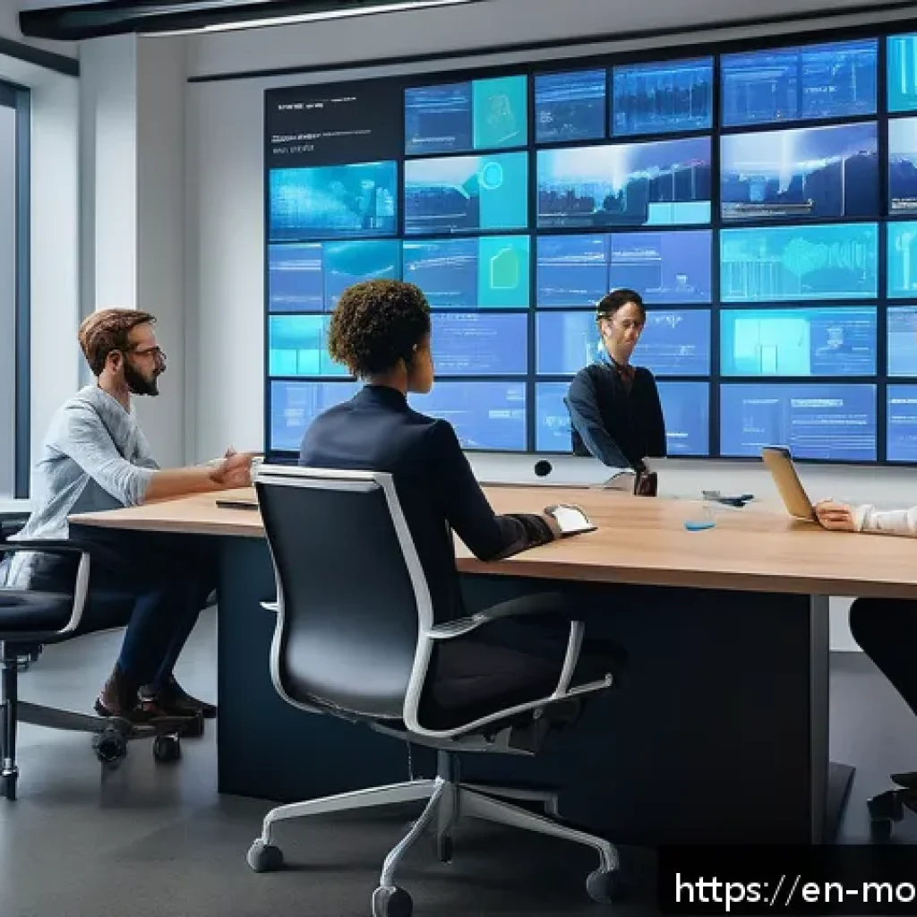 인간 AI 협력의 기초 이론 - A modern office environment showcasing a diverse team of professionals collaborating with AI-powered...