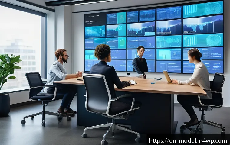 인간 AI 협력의 기초 이론 - A modern office environment showcasing a diverse team of professionals collaborating with AI-powered...