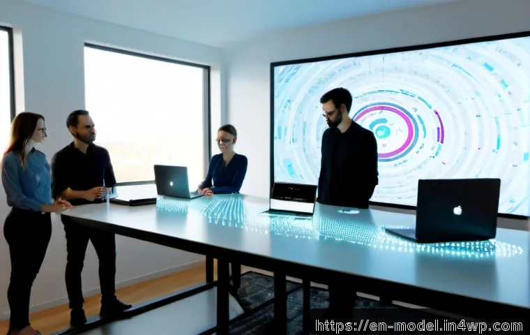 Home 17 협력 학습 모델에서의 AI 데이터 활용 - Photorealistic modern research office, diverse team of data scientists collaborating around a large ...